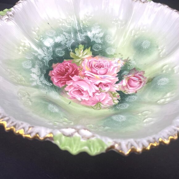 ANTIQUE RS PRUSSIA 1900 Serving Bowl Ribbed Mold With Roses on Green 9in*2.5 in - Picture 3 of 8